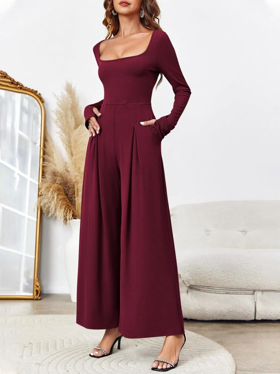 Tongmingyun Women's Dressy Casual Jumpsuits Long Sleeve Wide Leg Loose Square Neck Pleated Long Pant Romper with Pockets