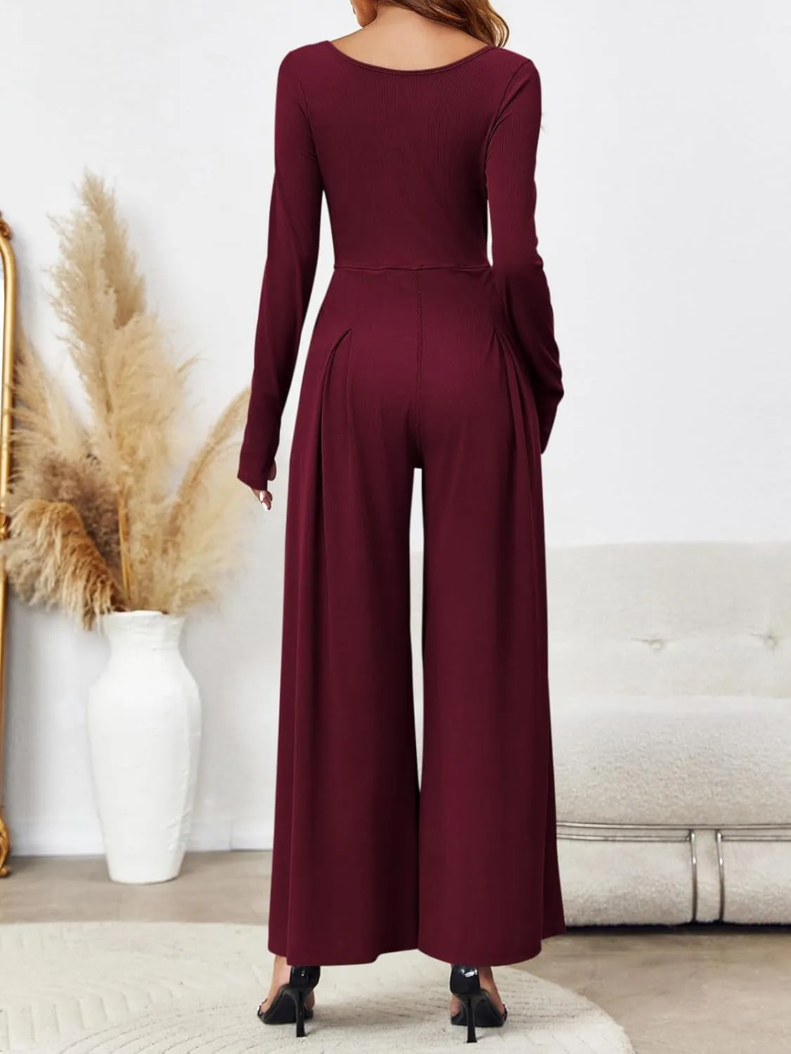 Tongmingyun Women's Dressy Casual Jumpsuits Long Sleeve Wide Leg Loose Square Neck Pleated Long Pant Romper with Pockets