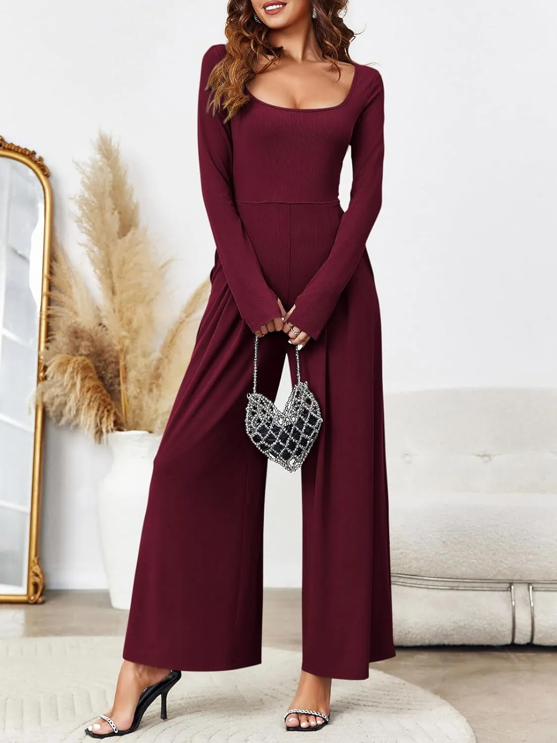 Tongmingyun Women's Dressy Casual Jumpsuits Long Sleeve Wide Leg Loose Square Neck Pleated Long Pant Romper with Pockets
