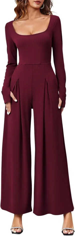 Tongmingyun Women's Dressy Casual Jumpsuits Long Sleeve Wide Leg Loose Square Neck Pleated Long Pant Romper with Pockets