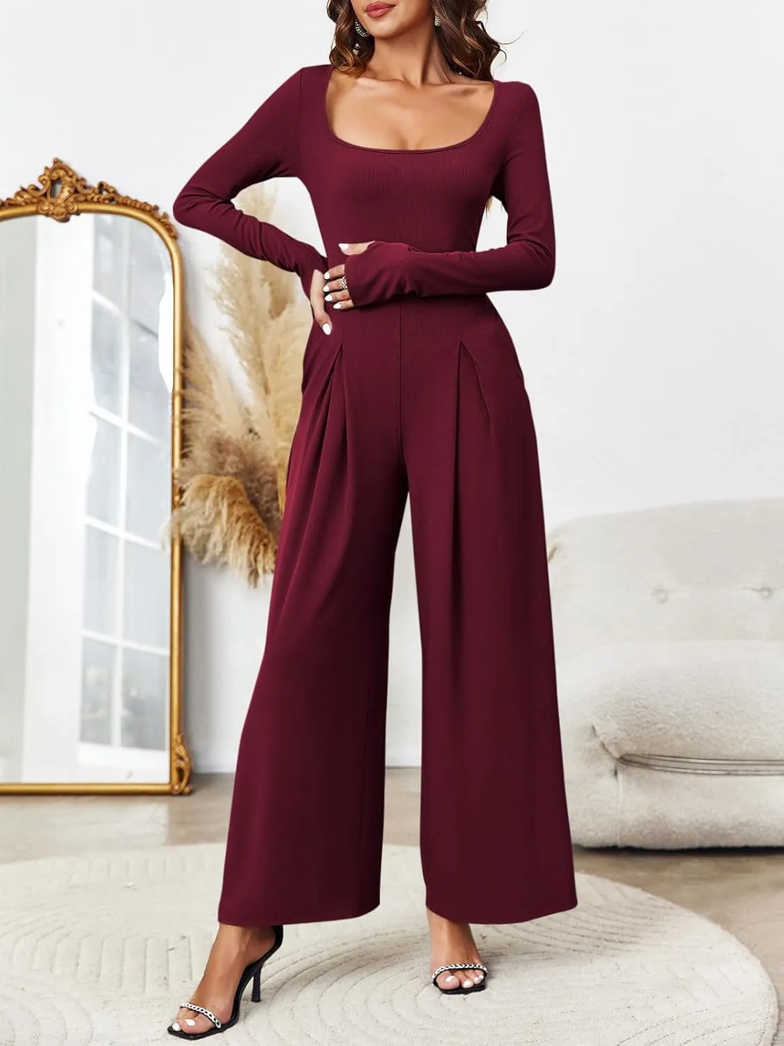 Tongmingyun Women's Dressy Casual Jumpsuits Long Sleeve Wide Leg Loose Square Neck Pleated Long Pant Romper with Pockets