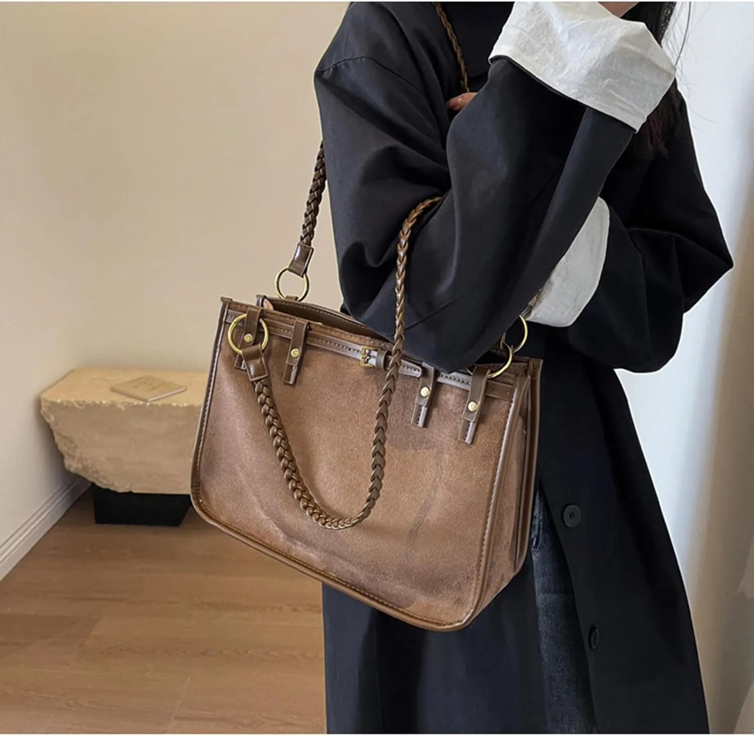 Top Handle Soft Leather Handbags for Women Vintage Casual Crossbody Shoulder Bag Fashion Elegant Tote Bag, Black, 9