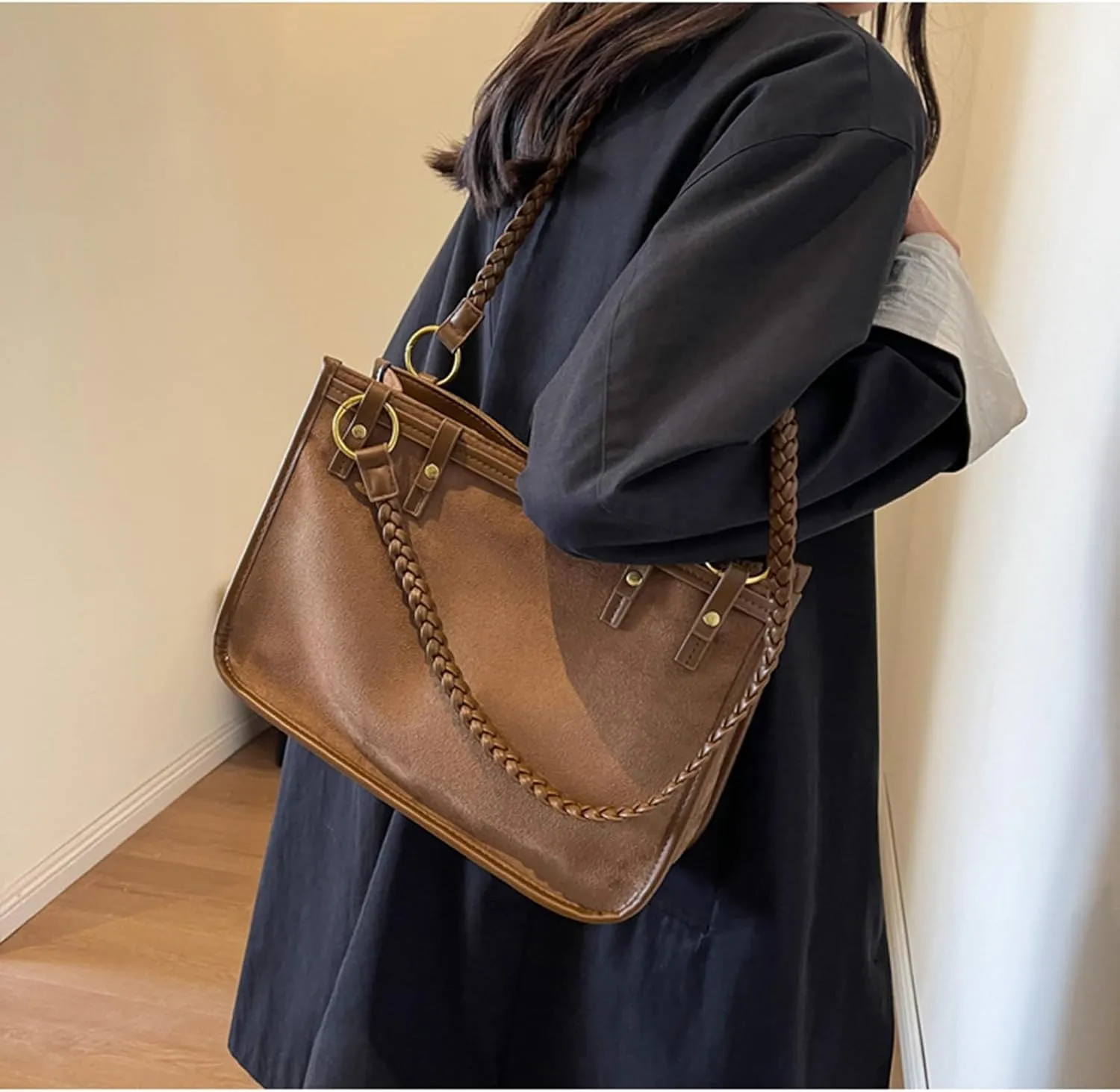 Top Handle Soft Leather Handbags for Women Vintage Casual Crossbody Shoulder Bag Fashion Elegant Tote Bag, Black, 9