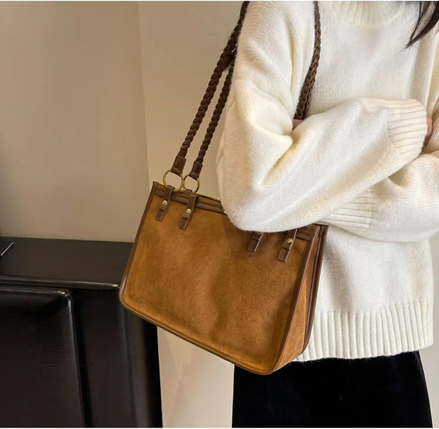 Top Handle Soft Leather Handbags for Women Vintage Casual Crossbody Shoulder Bag Fashion Elegant Tote Bag, Black, 9