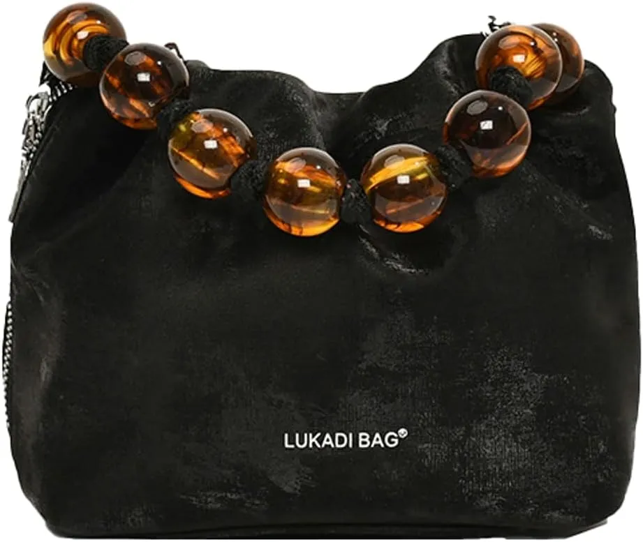 Trendy PU Leather Bucket Bag for Women Small Top Handle Crossbody Shoulder Bag with Bead String Purse Handbag 2024