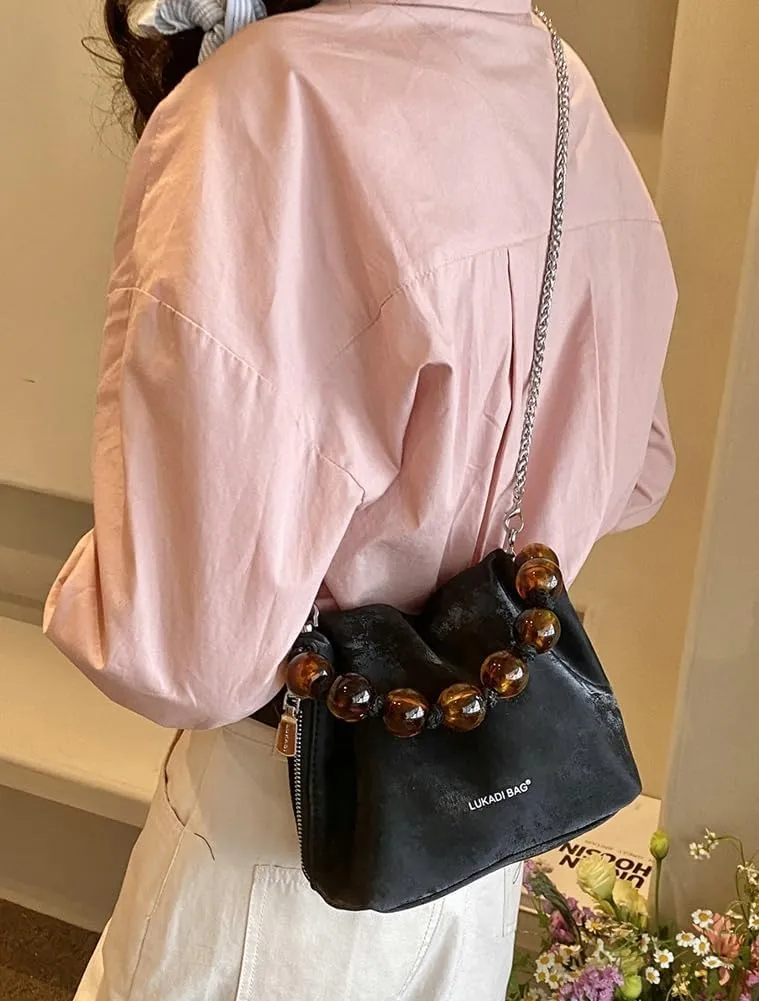 Trendy PU Leather Bucket Bag for Women Small Top Handle Crossbody Shoulder Bag with Bead String Purse Handbag 2024