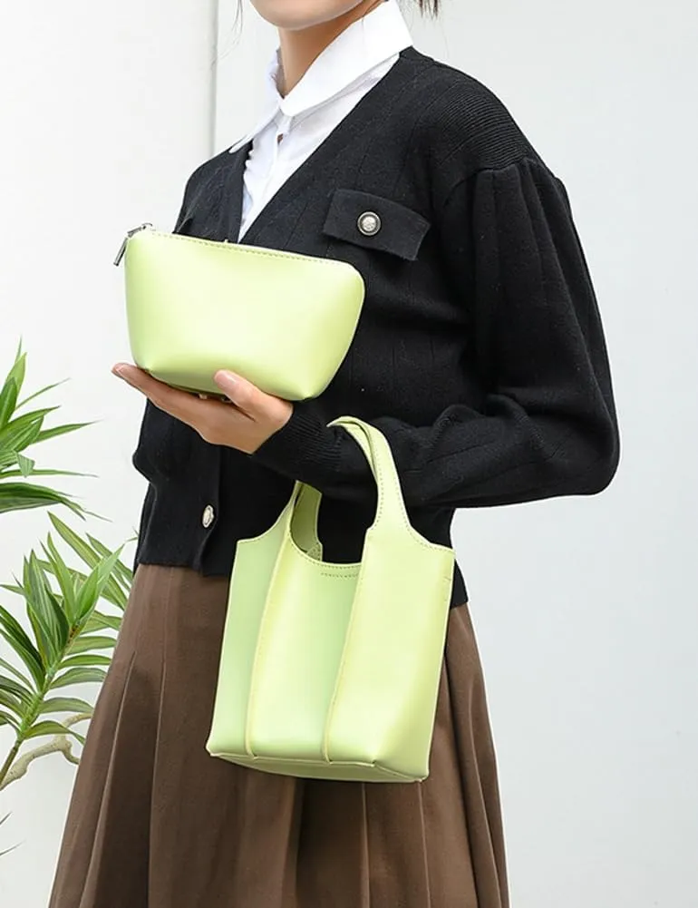 Trendy Vegan Leather Crossbody Purse for Women Small Bucket Shoulder Bag Totes Ladies Handbag Casual 2pcs Satchel