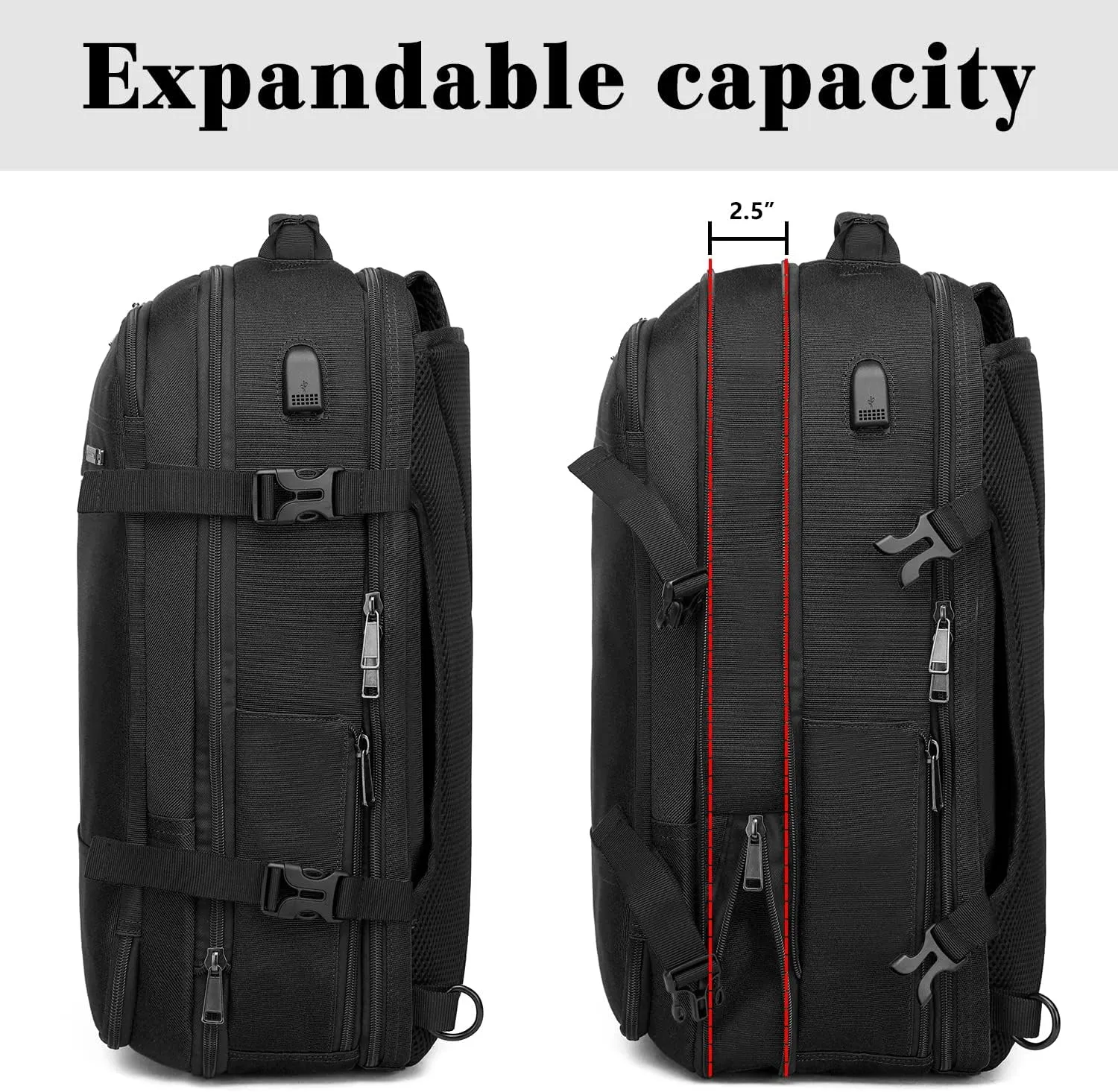 TUGUAN 17 Inch Laptop Backpack 36L Small Computer Backpack with USB Charging Port Black Business Laptop Backpacks for Men Expandable Work Backpacks for Women - Suitable for Work and Commuting