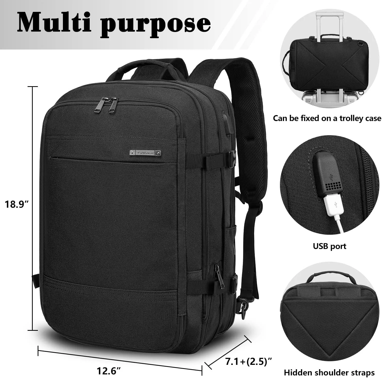 TUGUAN 17 Inch Laptop Backpack 36L Small Computer Backpack with USB Charging Port Black Business Laptop Backpacks for Men Expandable Work Backpacks for Women - Suitable for Work and Commuting