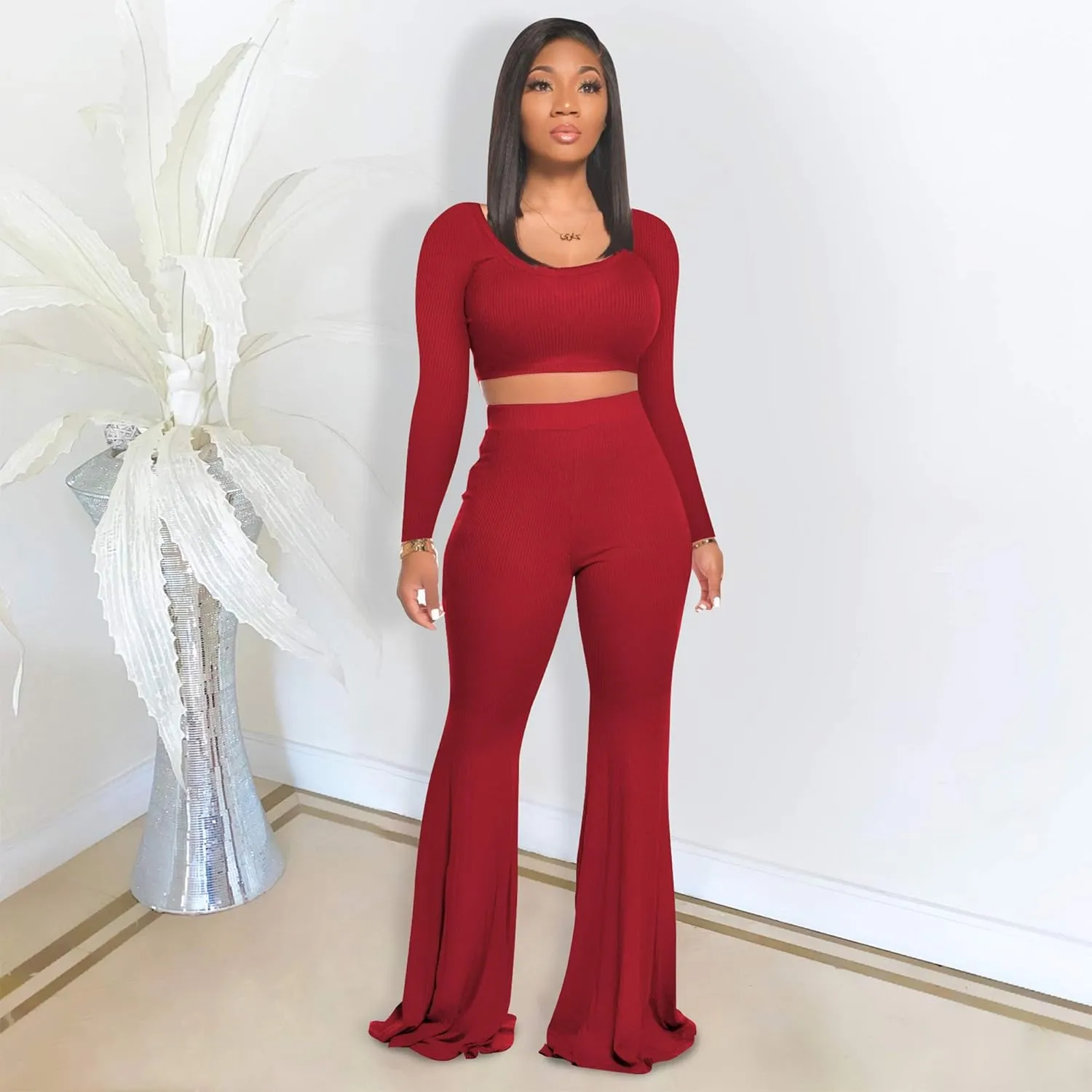 Two Piece Outfits for Women Sexy Crop Top   Flared Long Pants Sweat Suits Ribbed Fitted Tracksuits Yoga Set