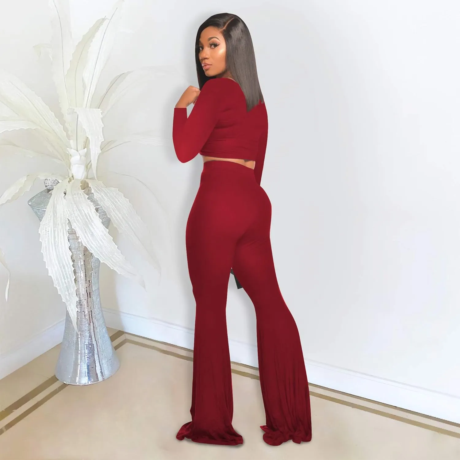 Two Piece Outfits for Women Sexy Crop Top   Flared Long Pants Sweat Suits Ribbed Fitted Tracksuits Yoga Set