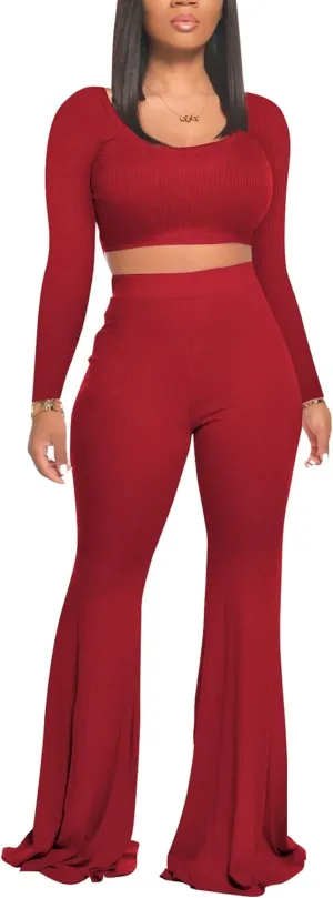Two Piece Outfits for Women Sexy Crop Top   Flared Long Pants Sweat Suits Ribbed Fitted Tracksuits Yoga Set