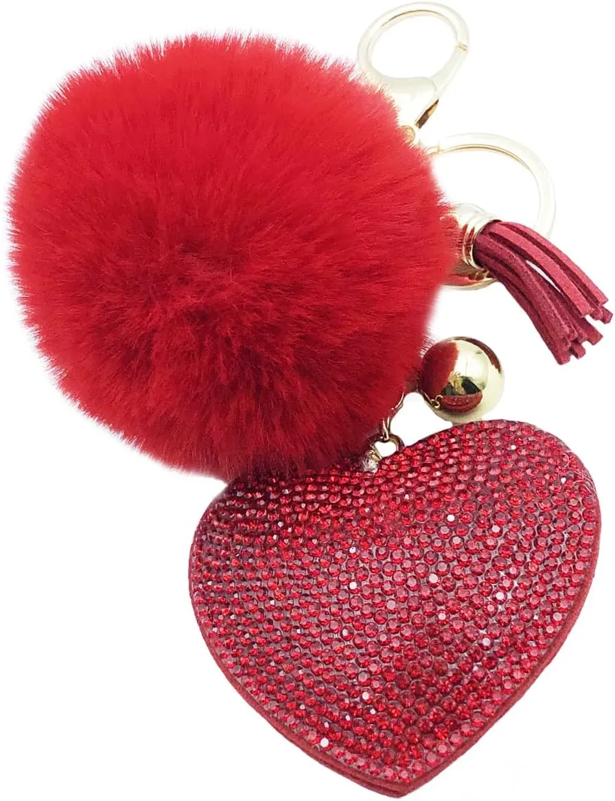 Unpafcxddyig Pom Pom Keychain Fluffy Ball Tote Pendant with Tassels Heart Crystal Rhinestone for Car Phone Key Ring Bag Charm