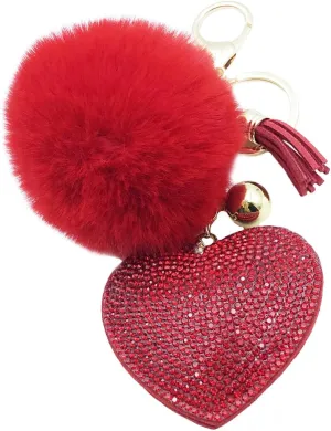 Unpafcxddyig Pom Pom Keychain Fluffy Ball Tote Pendant with Tassels Heart Crystal Rhinestone for Car Phone Key Ring Bag Charm