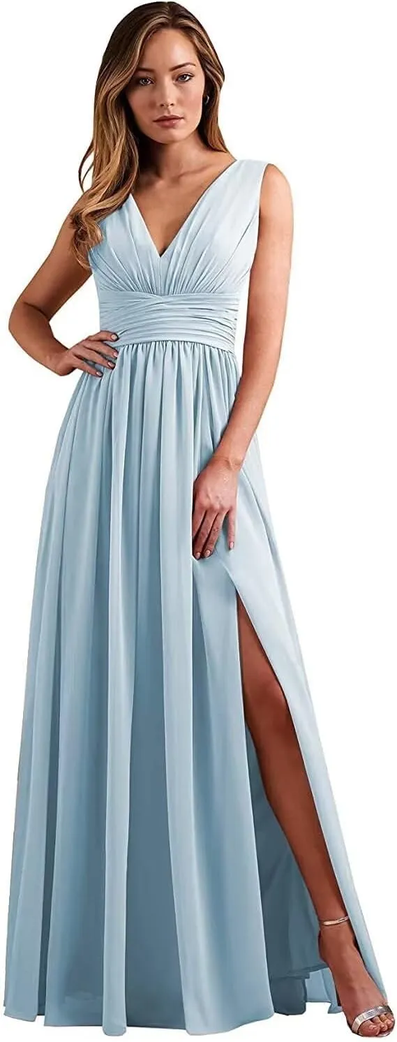 V Neck Chiffon Bridesmaid Dresses with Slit for Women, Long Pleated Wedding Guest Party Dress Formal Evening Gown