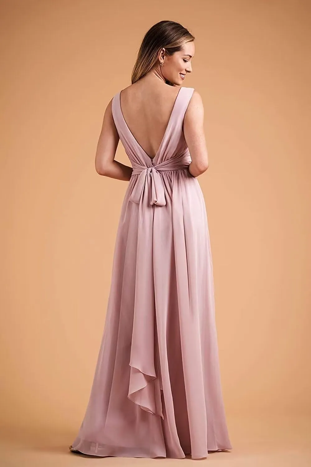 V Neck Chiffon Bridesmaid Dresses with Slit for Women, Long Pleated Wedding Guest Party Dress Formal Evening Gown