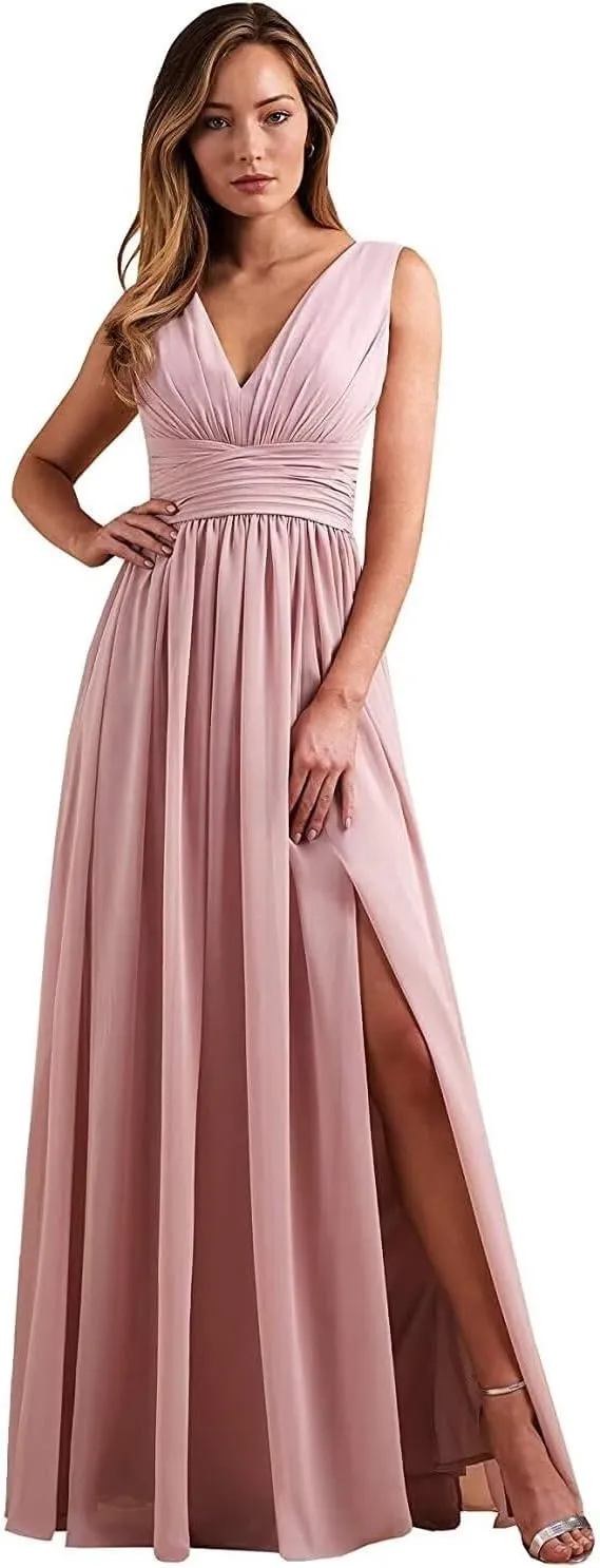 V Neck Chiffon Bridesmaid Dresses with Slit for Women, Long Pleated Wedding Guest Party Dress Formal Evening Gown