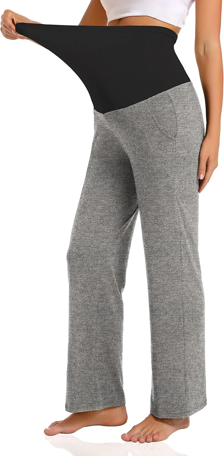 V VOCNI Women's Maternity Lounge Pants Pockets Stretchy Pregnancy Trousers Comfy Wide Leg Yoga Pajama Pants