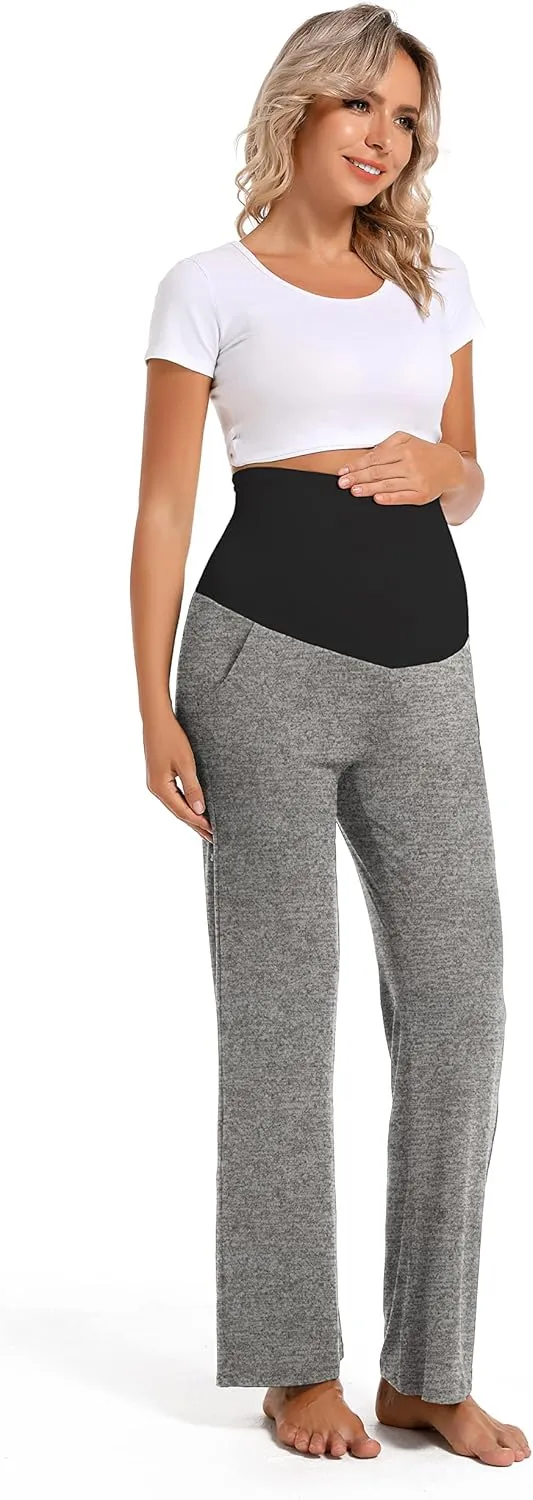 V VOCNI Women's Maternity Lounge Pants Pockets Stretchy Pregnancy Trousers Comfy Wide Leg Yoga Pajama Pants