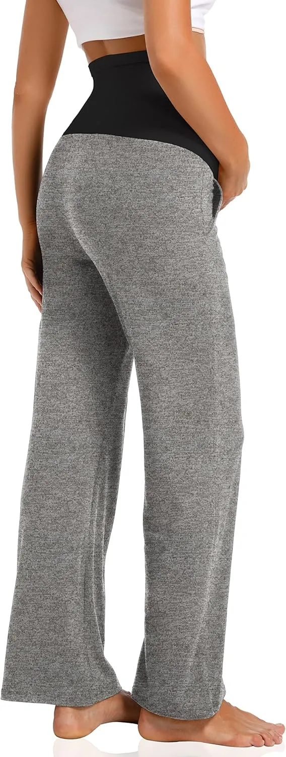 V VOCNI Women's Maternity Lounge Pants Pockets Stretchy Pregnancy Trousers Comfy Wide Leg Yoga Pajama Pants