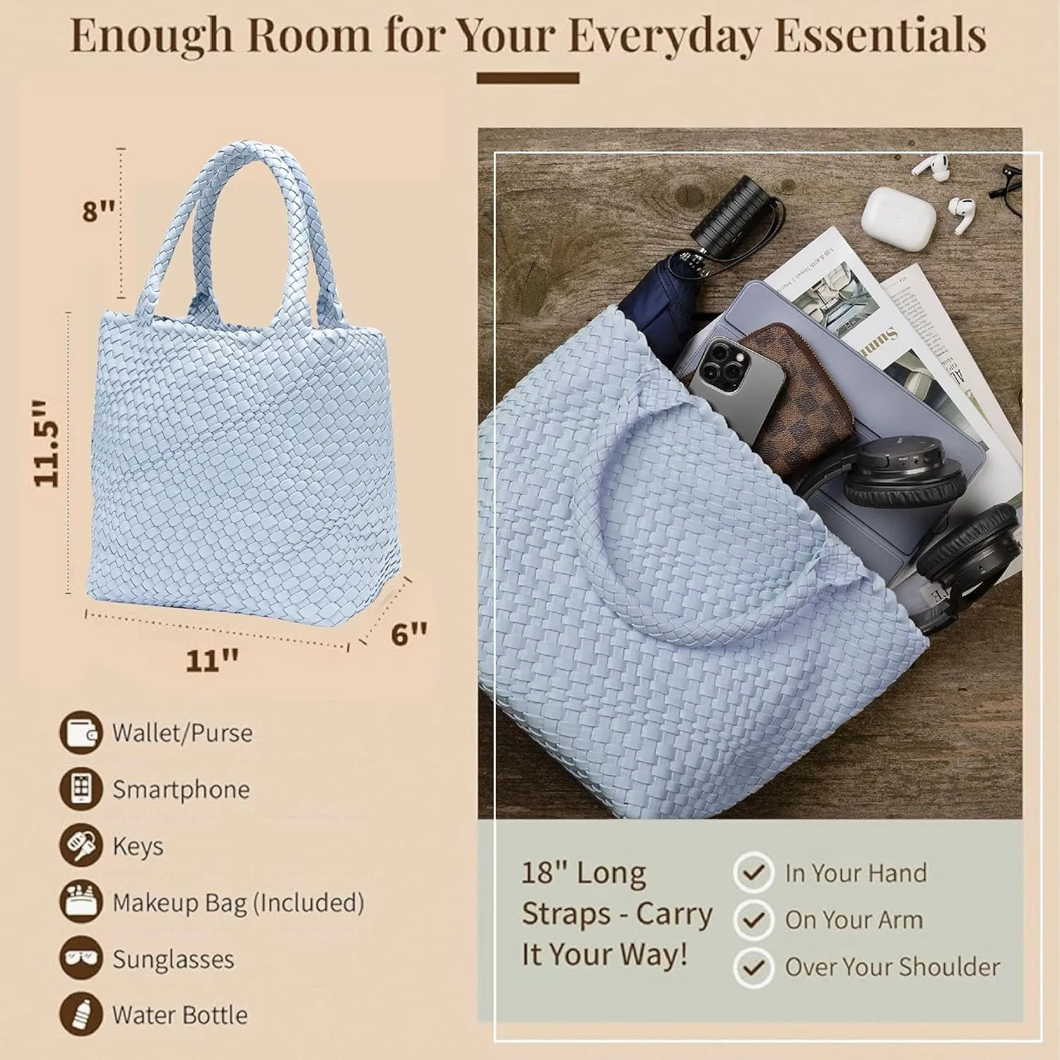 Vegan Leather Hand Woven Tote Bag for Women with Matching Purse Pouch