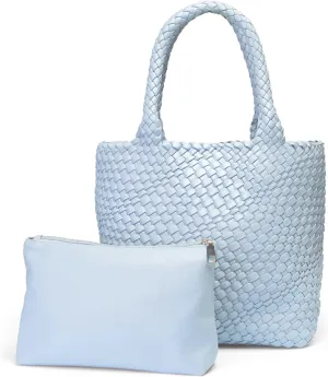 Vegan Leather Hand Woven Tote Bag for Women with Matching Purse Pouch