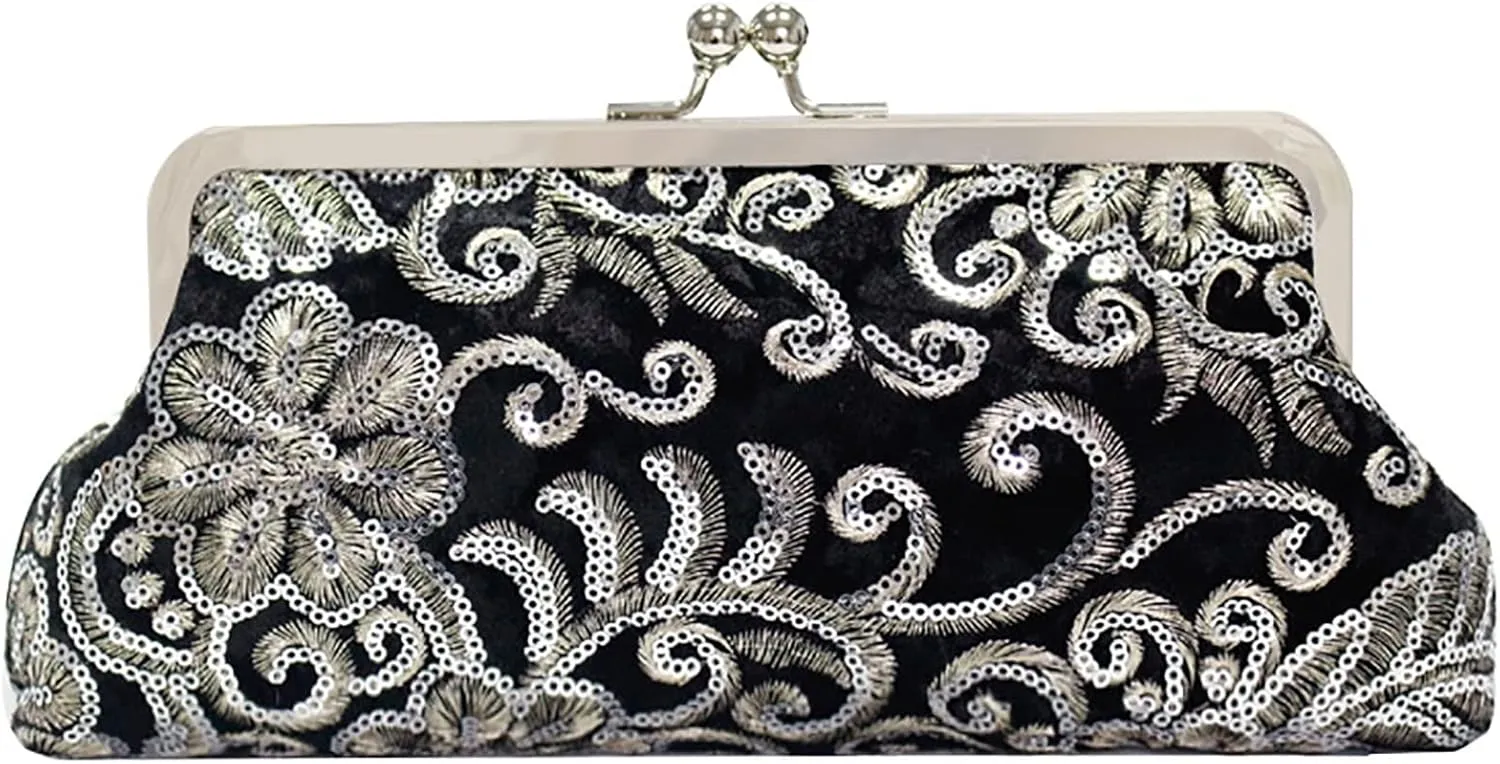 Velvet Sequin Evening Handbags and Clutches for Women, Embroidered Floral Pattern Purse with Crossbody Chain (Color : Black)