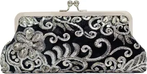 Velvet Sequin Evening Handbags and Clutches for Women, Embroidered Floral Pattern Purse with Crossbody Chain (Color : Black)