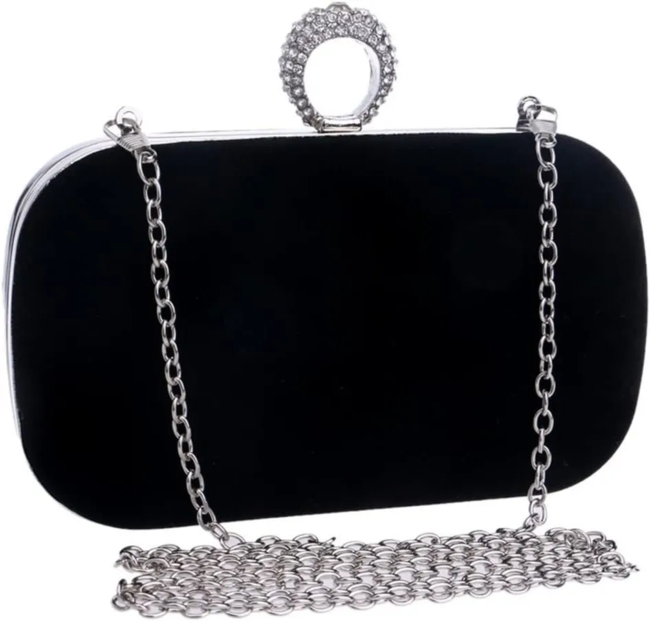 Velvet Women Evening Bags Finger Ring Crystal Clutches Chain Mini Party Wedding Bridal Shoulder Handbags