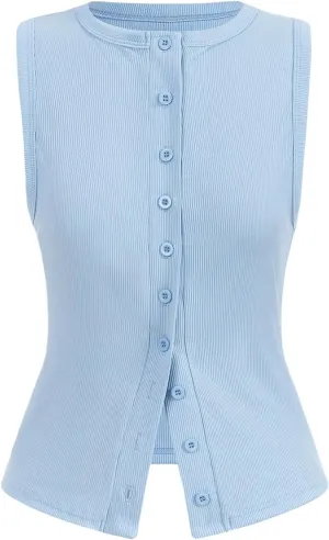 Verdusa Women's Button Front Fitted Tank Tops Crew Neck Sleeveless Knit Tops