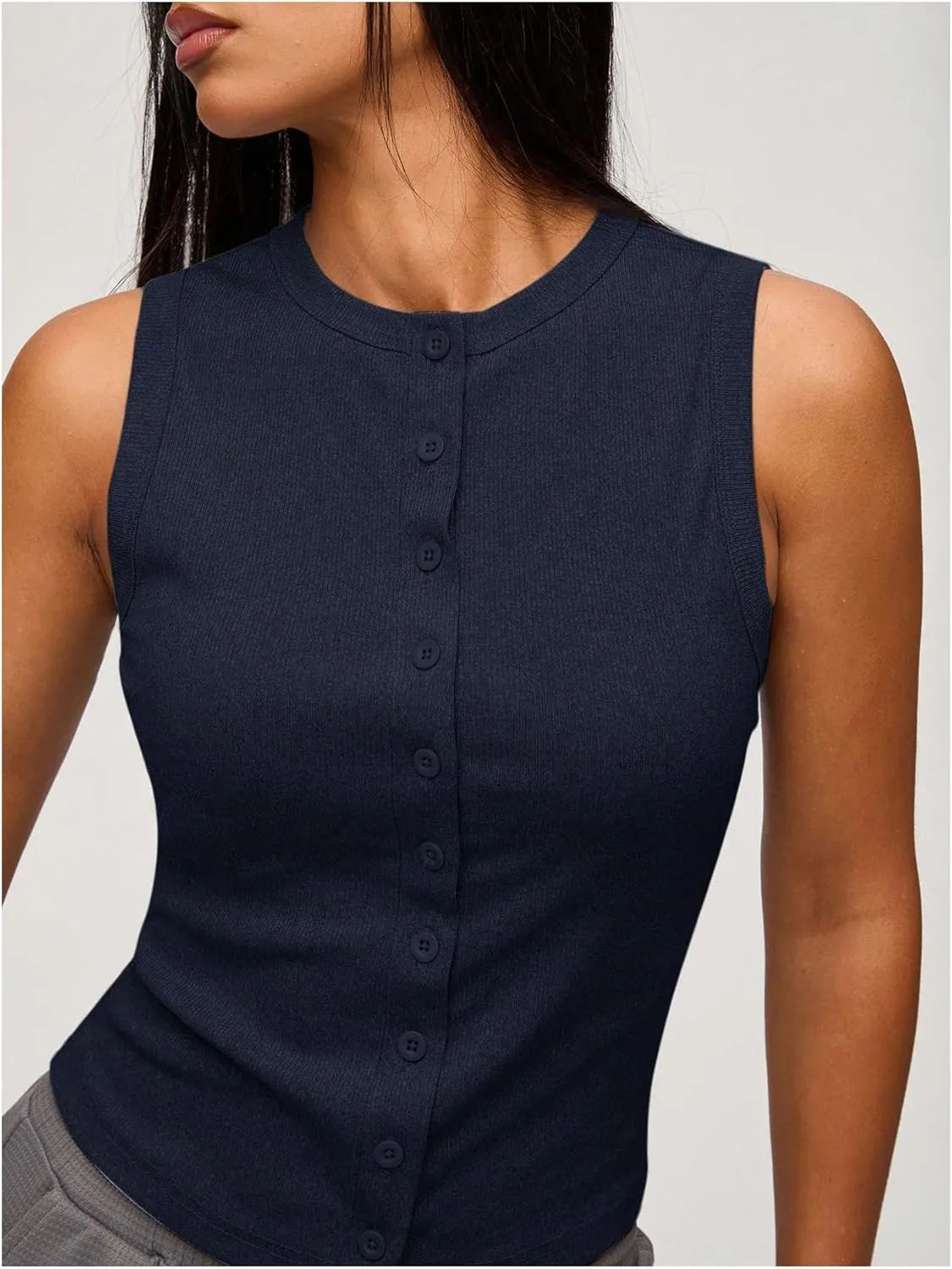 Verdusa Women's Button Front Fitted Tank Tops Crew Neck Sleeveless Knit Tops