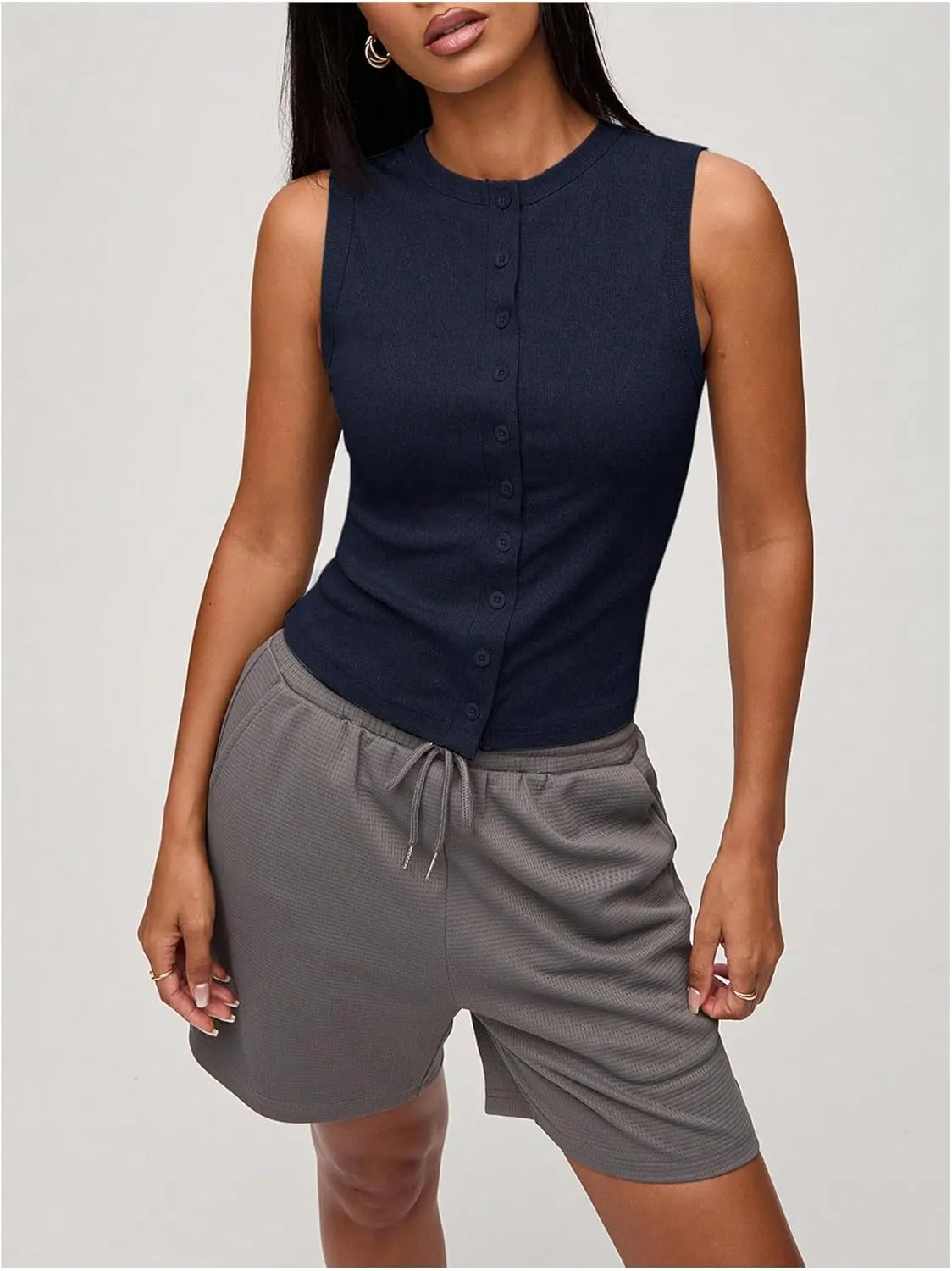 Verdusa Women's Button Front Fitted Tank Tops Crew Neck Sleeveless Knit Tops
