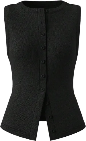 Verdusa Women's Button Front Fitted Tank Tops Crew Neck Sleeveless Knit Tops
