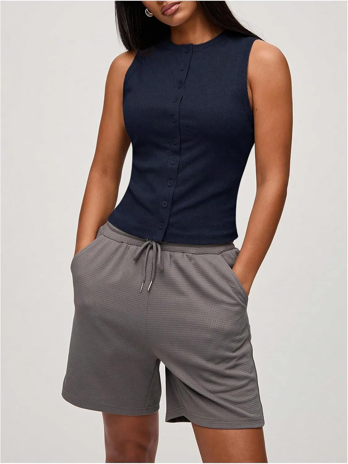 Verdusa Women's Button Front Fitted Tank Tops Crew Neck Sleeveless Knit Tops