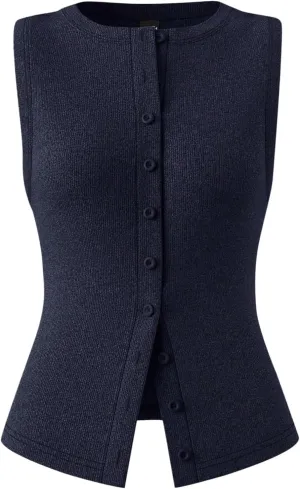 Verdusa Women's Button Front Fitted Tank Tops Crew Neck Sleeveless Knit Tops