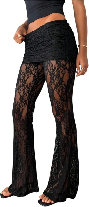Verdusa Women's Floral Lace Bell Bottom Flare Pants Ruched High Waist Long Trousers
