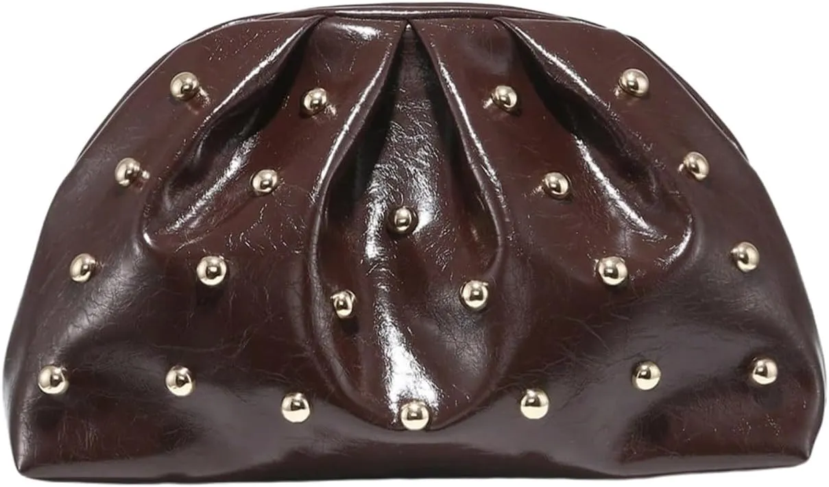 Verdusa Women's PU Leather Studded Clutch Handbags Retro Magnet Ruched Evening Bags