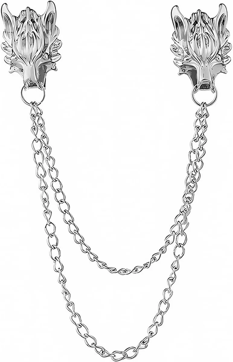Vintage Animal Chain Brooch for Men Punk Style Lion Wolf Chain Tassel Brooch Pin Cool Animal Head Collar Coat Pin Suit Shawl Clips Collar Brooch Christmas Halloween Birthday Party Costume Jewelry