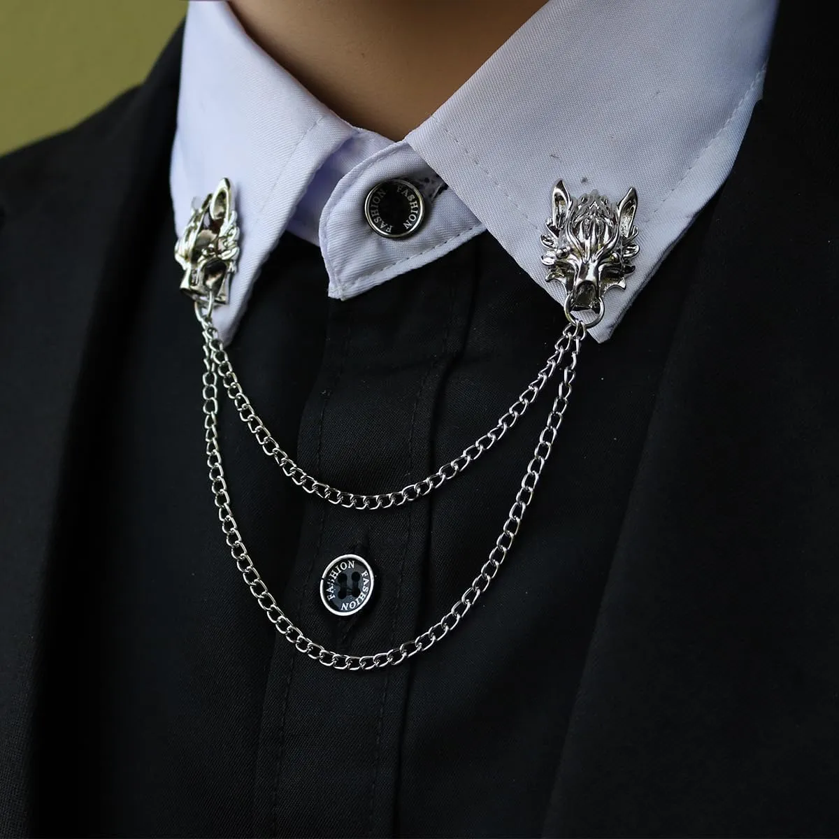 Vintage Animal Chain Brooch for Men Punk Style Lion Wolf Chain Tassel Brooch Pin Cool Animal Head Collar Coat Pin Suit Shawl Clips Collar Brooch Christmas Halloween Birthday Party Costume Jewelry