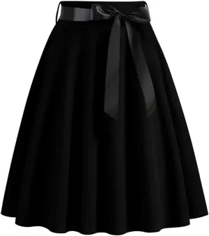 Vintage Pleated Skirt for Womens Solid Color High Waist Midi Skirt Fashion Elegant Swing A-Line Skirt with Belts