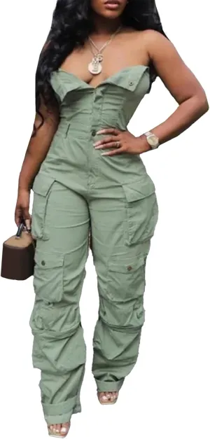 Voghtic Denim Jumpsuit for Women Sexy Off Shoulder V Neck Button Down Cargo Jean Jumpsuit One Piece Outfits