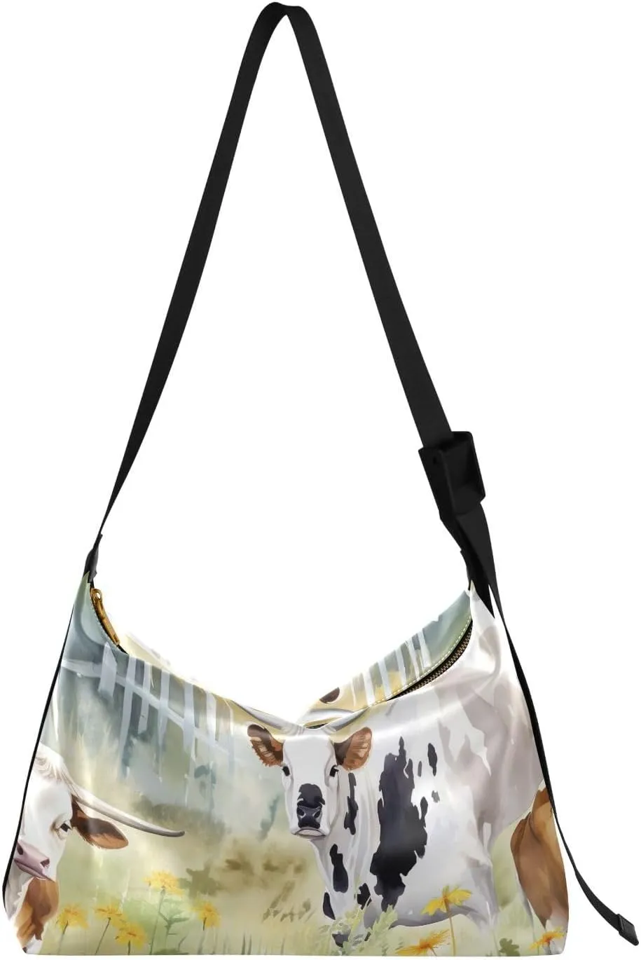 Watercolor Cow Grass Tote Bag for Women Large Hobo Bags Slouchy Crossbody Bag Leather Hobo Bags with Adjustable Strap for Travel School