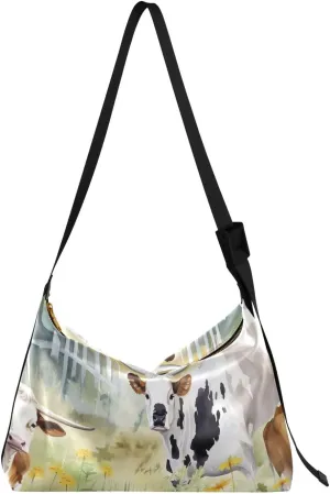 Watercolor Cow Grass Tote Bag for Women Large Hobo Bags Slouchy Crossbody Bag Leather Hobo Bags with Adjustable Strap for Travel School