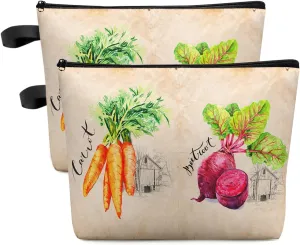 Watercolor Vegetables Cosmetic Bags for Women, Rustic Farm Retro Kraft Paper Textured Small Makeup Bag for Purse, Waterproof Travel Toiletry Bag Accessories Organizer, 2PCS