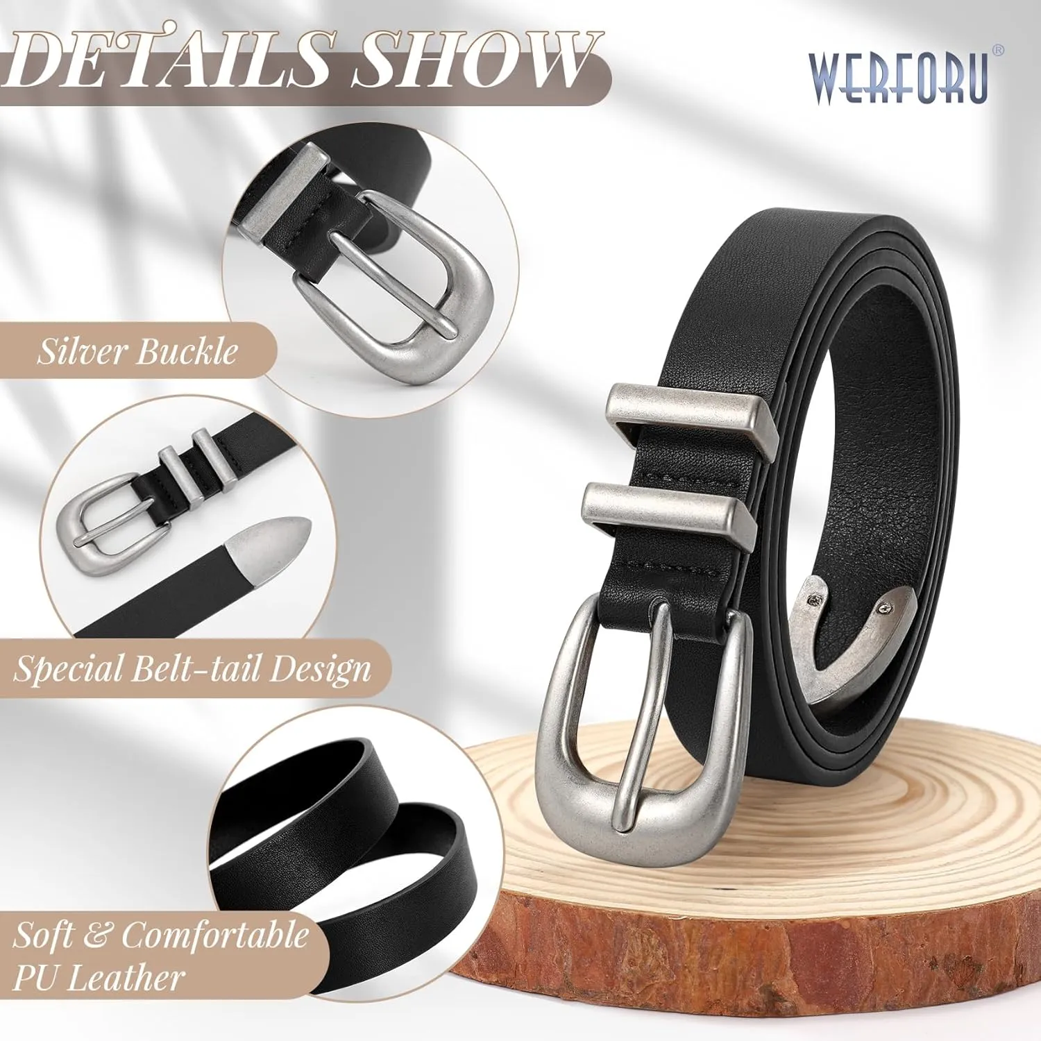 WERFORU 2 Pack Women Leather Belt Fashion Leather Waist Belt for Pants Jean Ladies Western Belt with Gold/Silver Buckle-