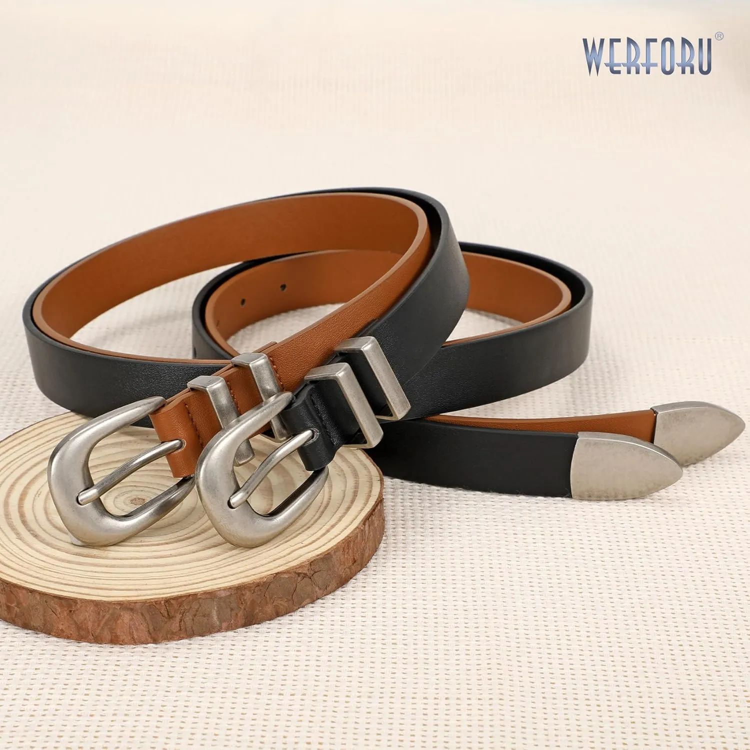 WERFORU 2 Pack Women Leather Belt Fashion Leather Waist Belt for Pants Jean Ladies Western Belt with Gold/Silver Buckle-