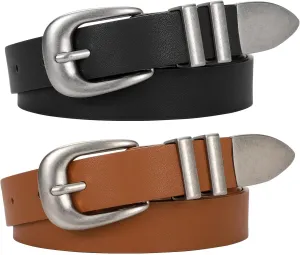 WERFORU 2 Pack Women Leather Belt Fashion Leather Waist Belt for Pants Jean Ladies Western Belt with Gold/Silver Buckle-