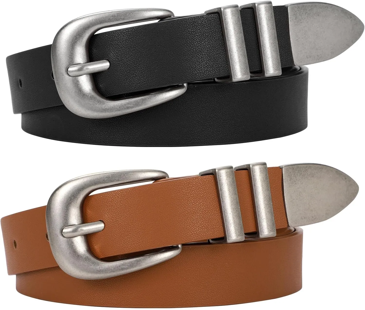 WERFORU 2 Pack Women Leather Belt Fashion Leather Waist Belt for Pants Jean Ladies Western Belt with Gold/Silver Buckle-