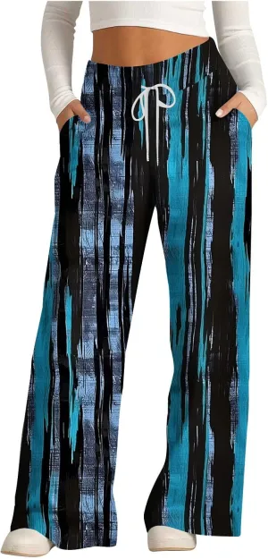 Wide Leg Sweatpants for Women High Waist Drawstring Workout Trousers Striped Print Loose Flowy Y2K Pants with Pockets