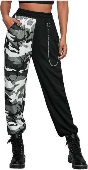 Women Baggy Y2k Straight Leg Cargo Pants Punk Pockets High Waist Chain Casual Plaid Trousers Pants